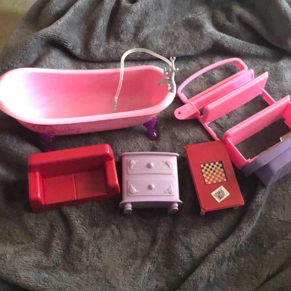Huge set of miscellaneous doll furniture, etc